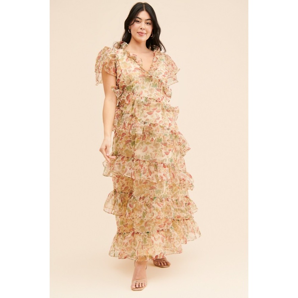 Selkie The Elfin Dress Mushroom Print Tiered Ruffle Maxi Organza‎ NWT 2X